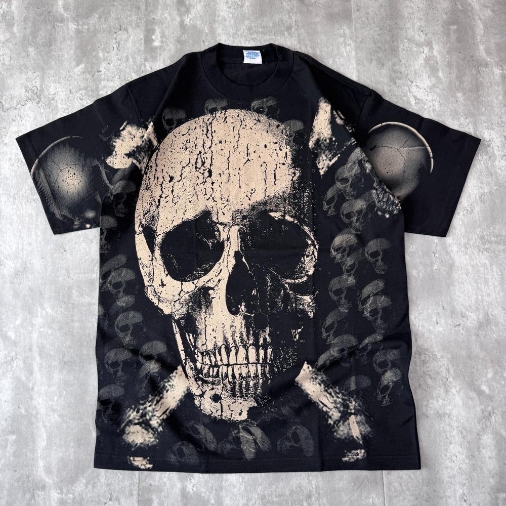 Vintage Skull T Shirt Mens L Black AOP Biker Goth Punk Mexican Bootleg C&H Y2K